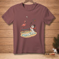 Melting snowman playing badminton with flamingo on a beach.