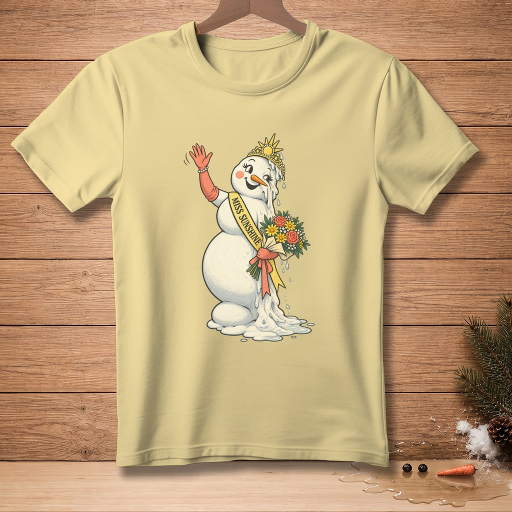 Melting snowman wearing a crown and sash, holding flowers.