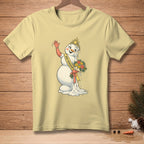 Melting snowman wearing a crown and sash, holding flowers.