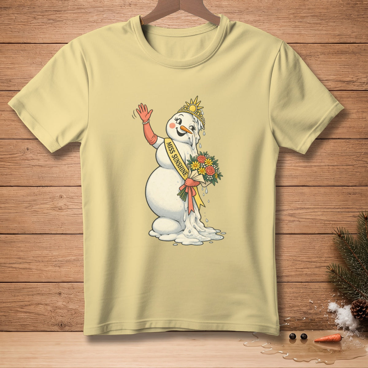 Melting snowman wearing a crown and sash, holding flowers.