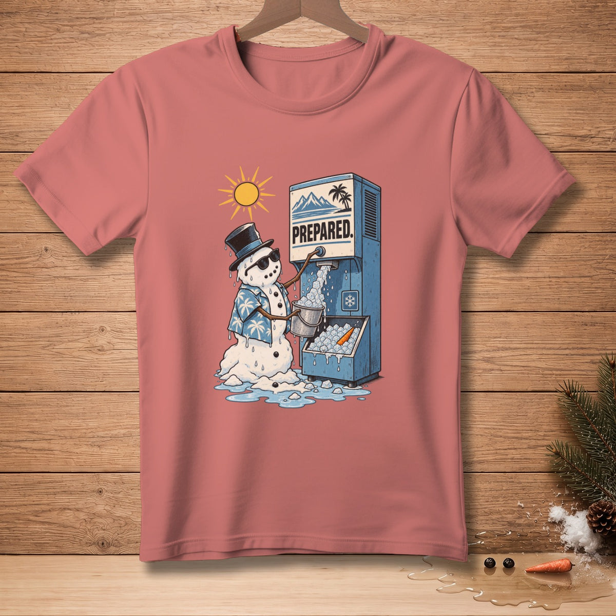 Snowman in sunglasses and hat collecting ice from a machine that says "PREPARED."