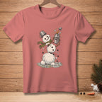 T-shirt with melting snowman holding a "SHAKE WELL" bottle.