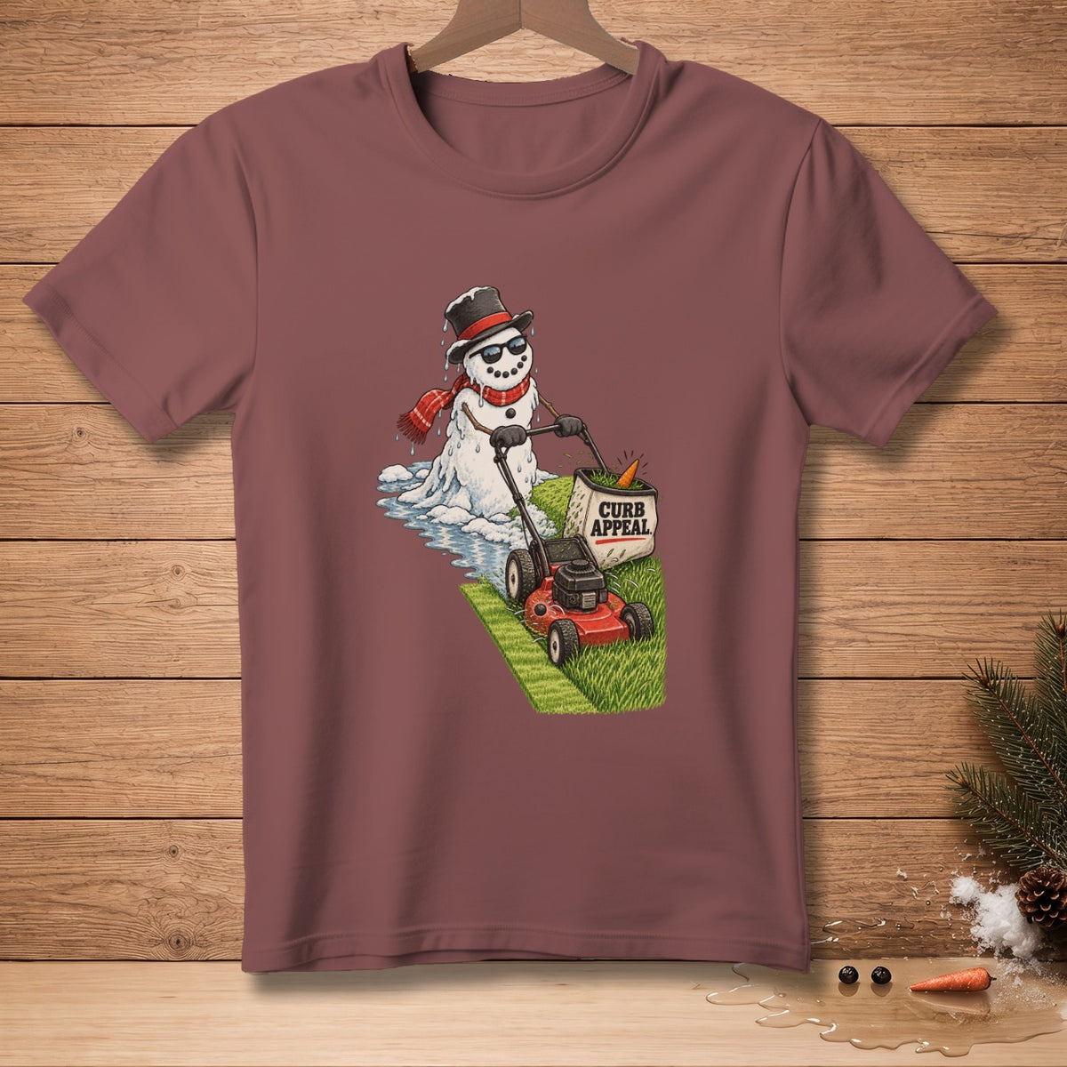 Melting snowman in a top hat mowing grass with "CURB APPEAL" text.