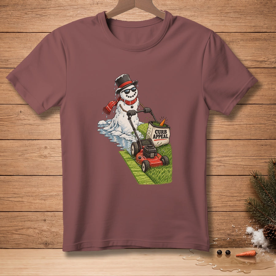 Melting snowman in a top hat mowing grass with "CURB APPEAL" text.