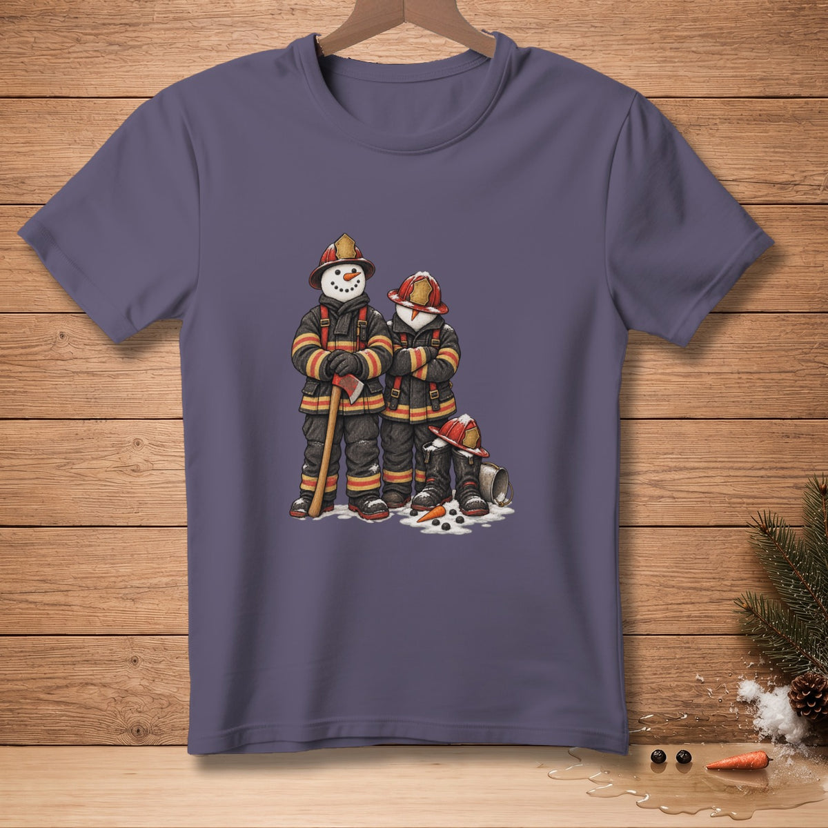 Two snowmen dressed as firefighters stand side-by-side holding an axe.