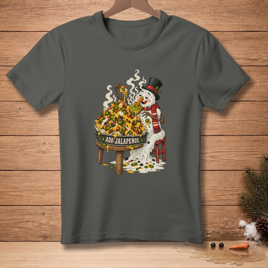 Snowman in top hat eating nachos with text "ADD JALAPENOS."