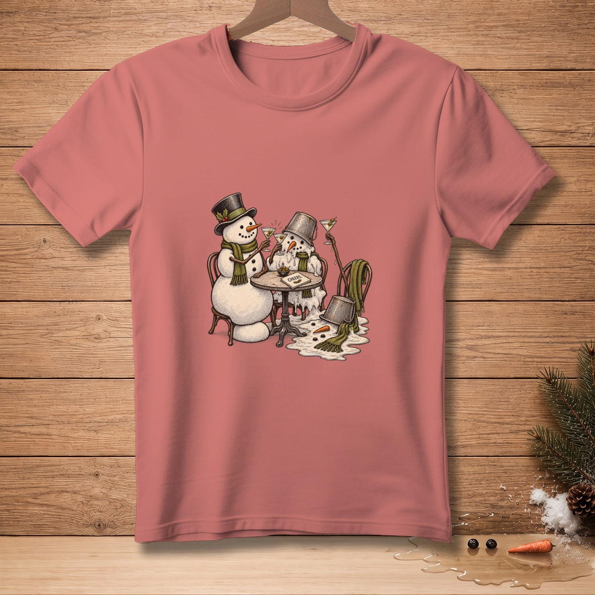 Two melting snowmen with hats and scarves sit at a table, drinking martinis.