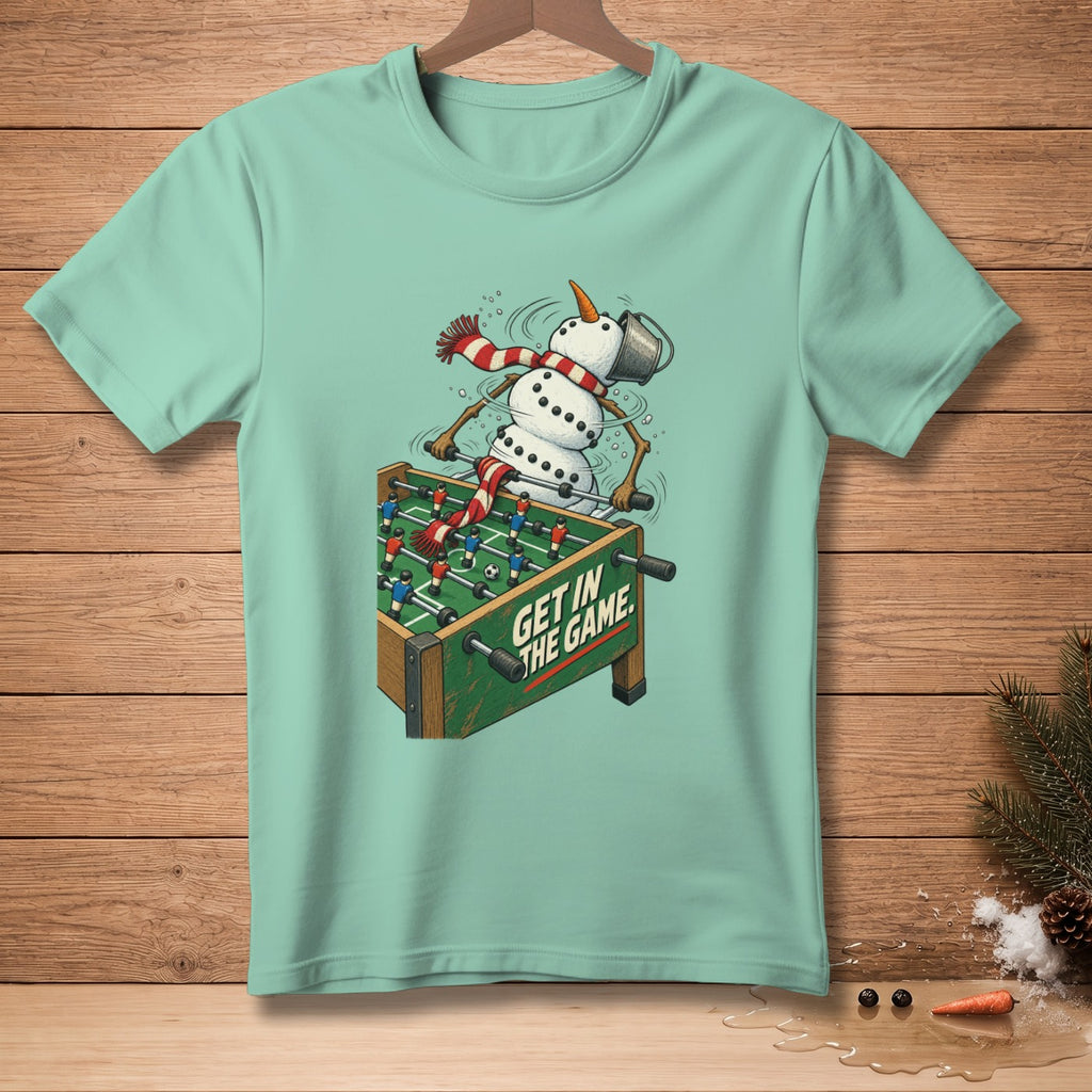Snowman playing foosball with text "GET IN THE GAME."