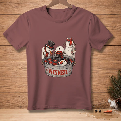 Snowmen playing bobbing for apples in a tub labeled "WINNER".