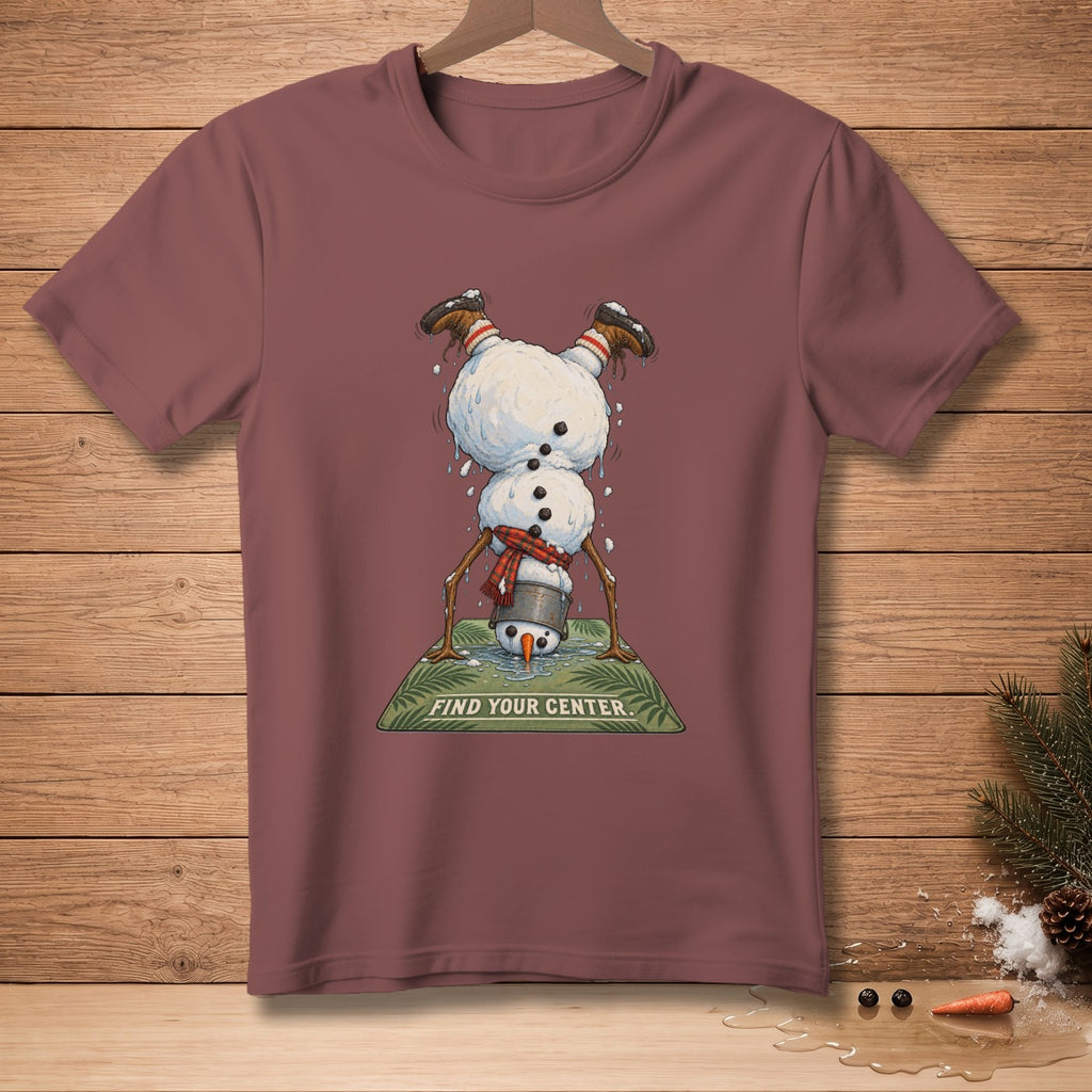 Melted snowman doing a handstand on a mat with text "FIND YOUR CENTER".