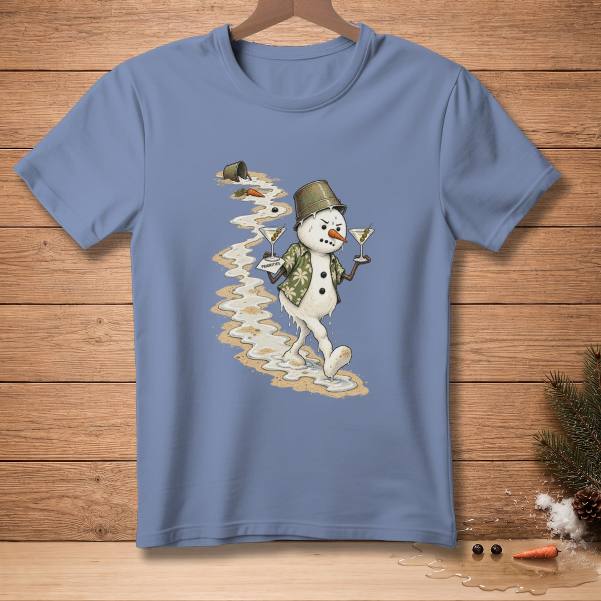 Melting snowman in a bucket hat holding martinis, with "Priorities" text.
