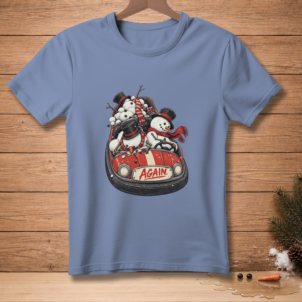 Snowmen in a bumper car with the word "AGAIN" on the front.