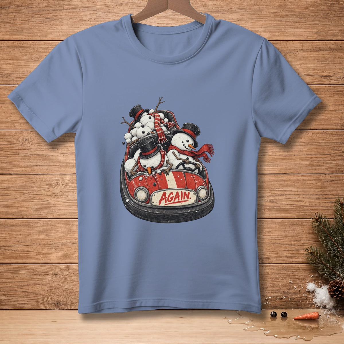 Snowmen in a bumper car with the word "AGAIN" on the front.