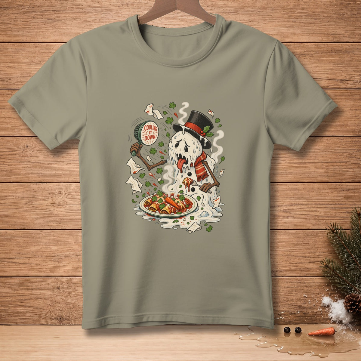 Melting snowman with top hat and scarf eating enchiladas.