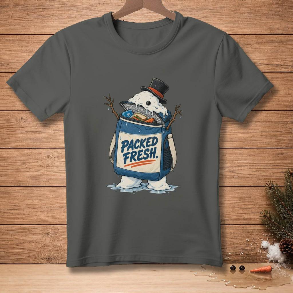 Snowman with a cooler bag labeled "PACKED FRESH", wearing a top hat.