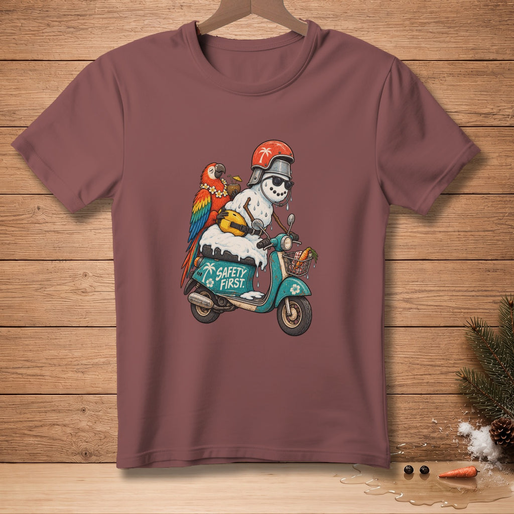 Snowman with sunglasses and helmet riding a scooter with a parrot and "SAFETY FIRST" text.