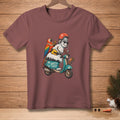 Snowman with sunglasses and helmet riding a scooter with a parrot and "SAFETY FIRST" text.