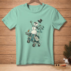 Snowman with sunglasses and scarf on luggage cart with "FREE SHUTTLE" tag.