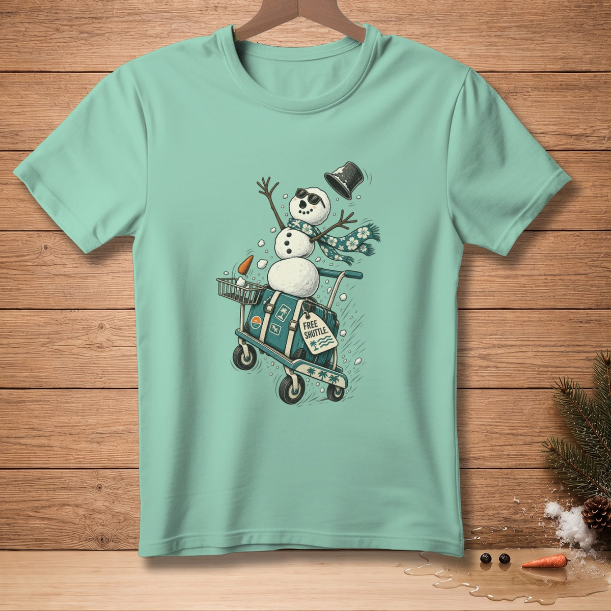 Snowman with sunglasses and scarf on luggage cart with "FREE SHUTTLE" tag.
