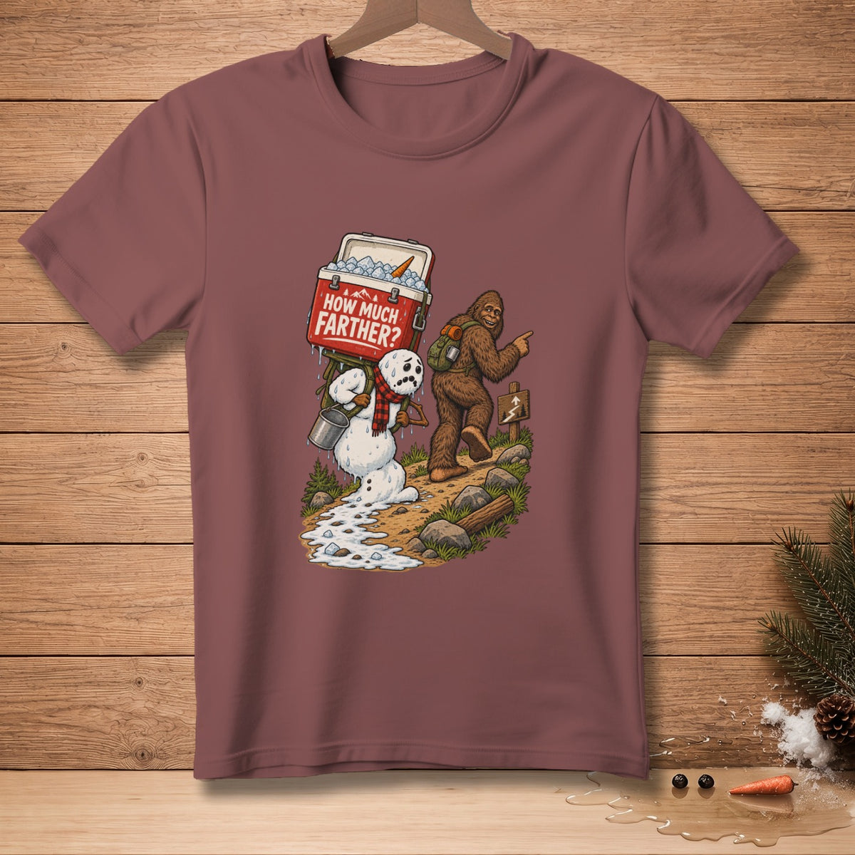 Bigfoot points direction to a melting snowman carrying a cooler with text "How Much Farther?".