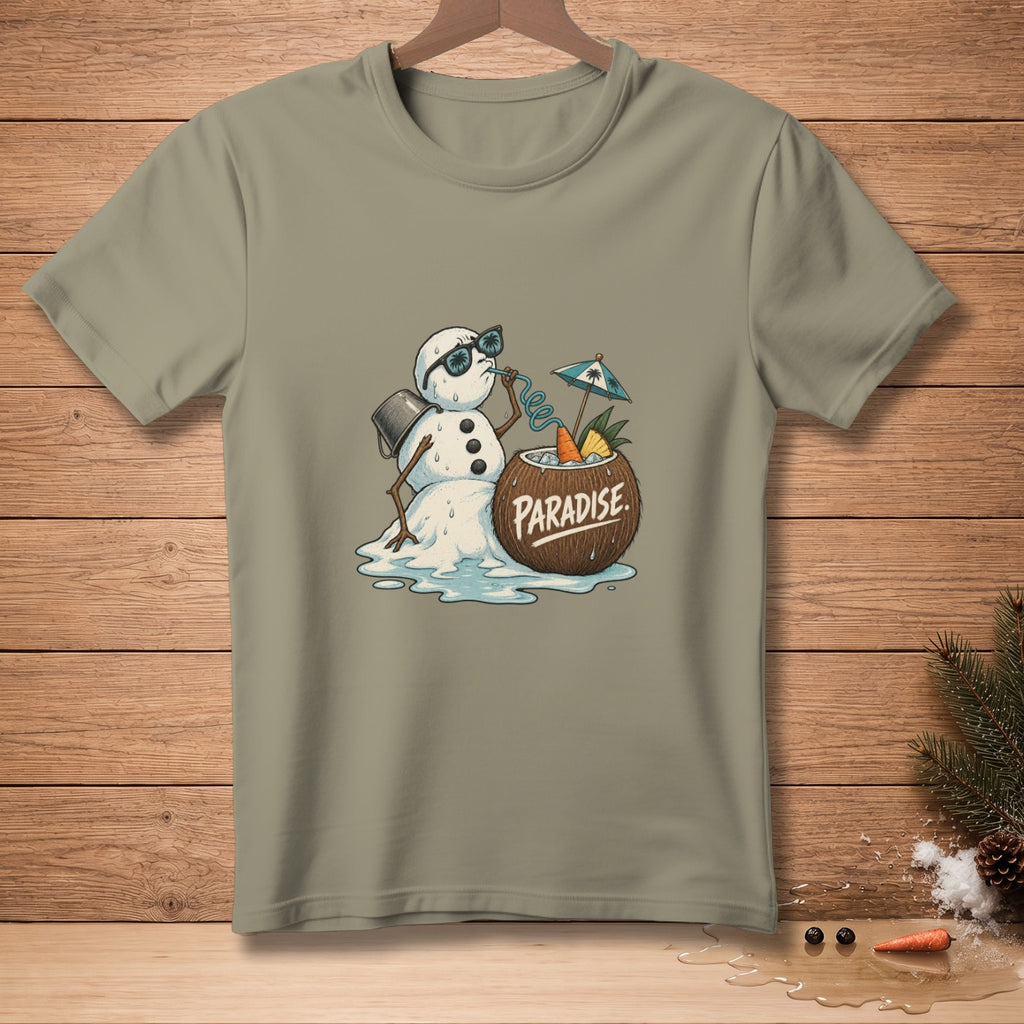 Melting snowman drinks from coconut with "PARADISE" text and tropical garnishes.