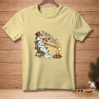 Melting snowman sitting in a chair by a campfire, toasting bread with text "ALMOST GOLDEN."