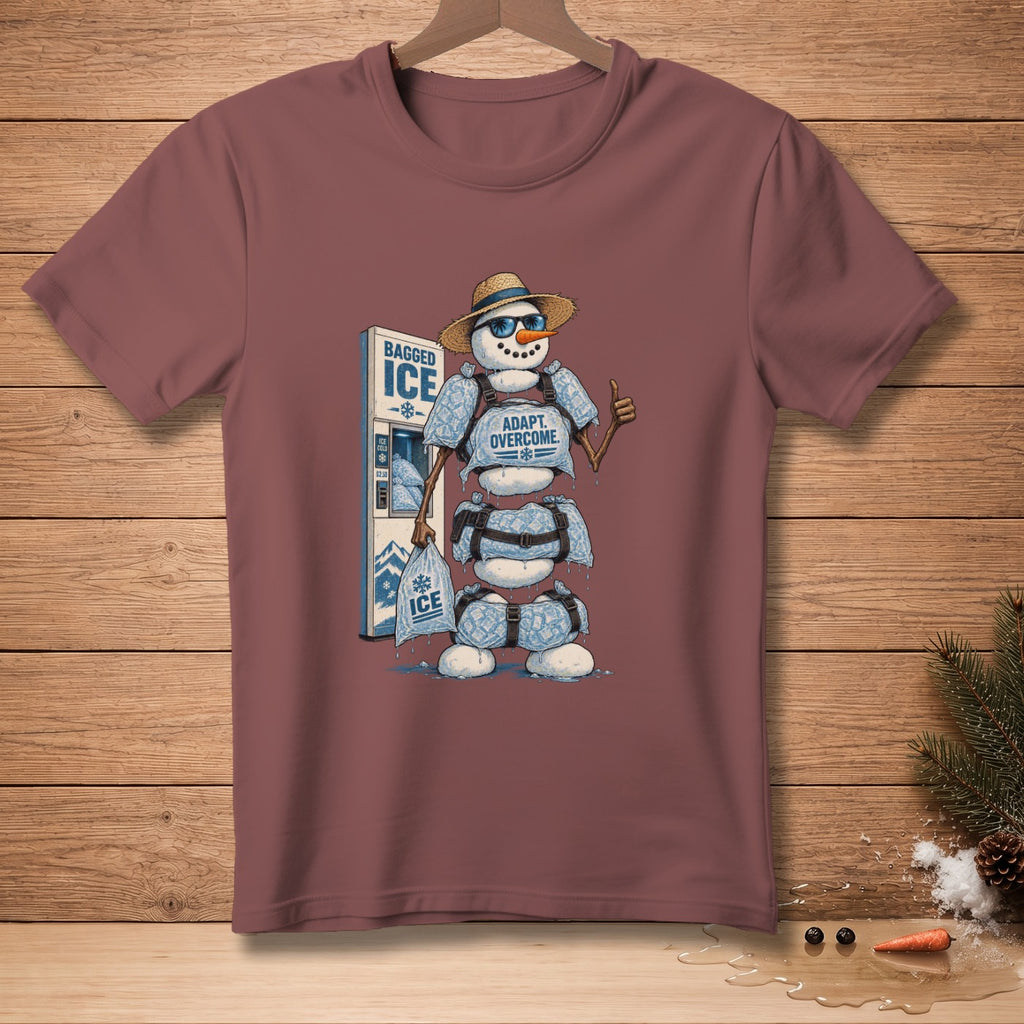 Snowman with sunglasses and hat by ice machine holding bag of ice.