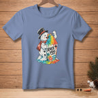 Melting snowman wearing a hat and scarf holding a rainbow shave ice with "Race You" text.