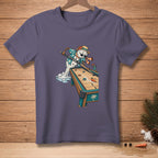 Snowman playing shuffleboard with "Let It Ride" text on shirt.