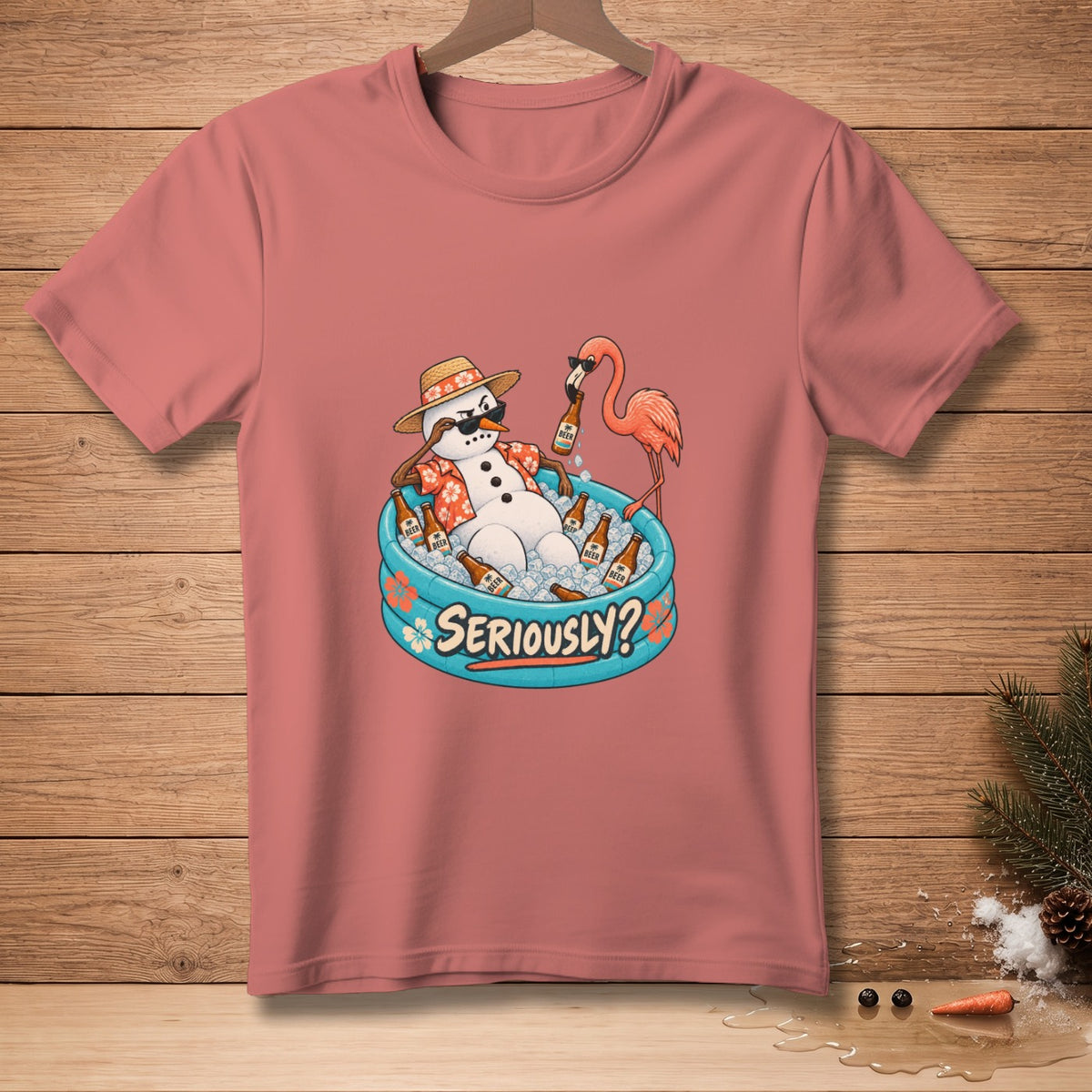 Snowman in pool with flamingo and beer bottles, text "SERIOUSLY?".