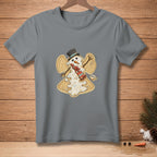 Grey t-shirt with a sand angel snowman graphic and the word "ANGELIC".