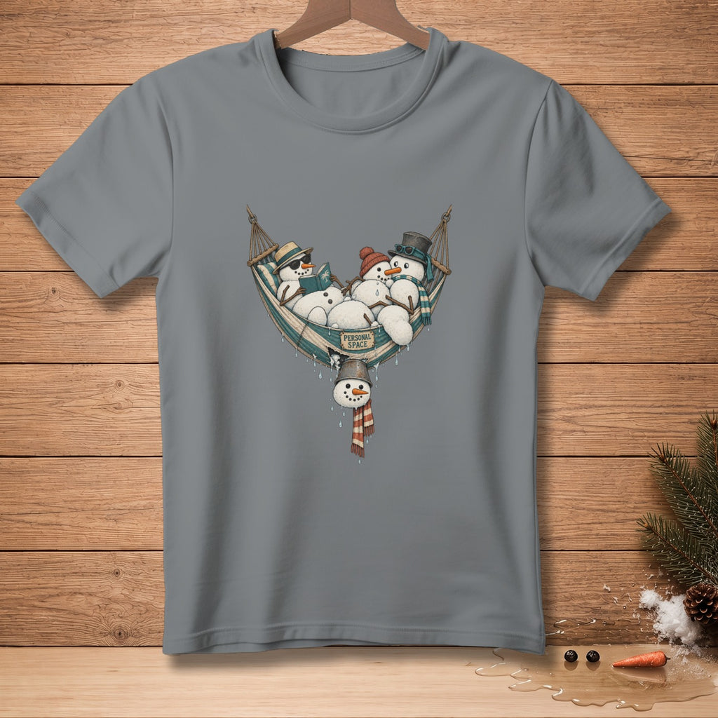 T-shirt with graphic of snowmen relaxing in a hammock.
