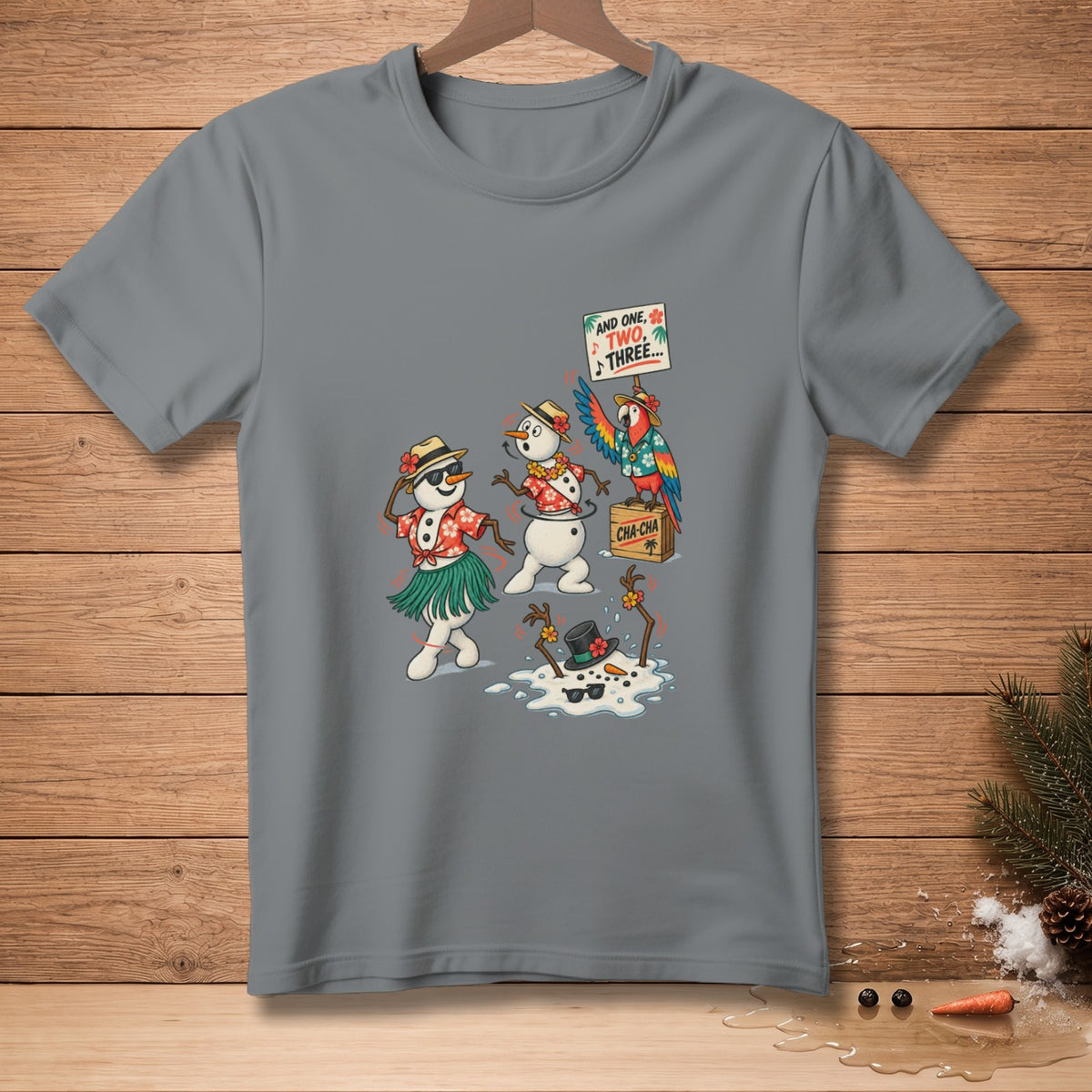 Snowmen in Hawaiian shirts dance with a parrot holding a "One, Two, Three..." sign.