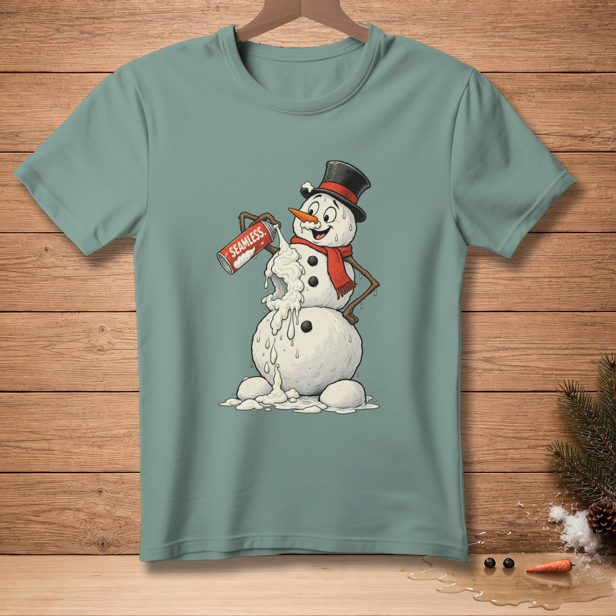 Snowman with a red scarf and top hat sprays whipped cream from a can labeled "SEAMLESS".