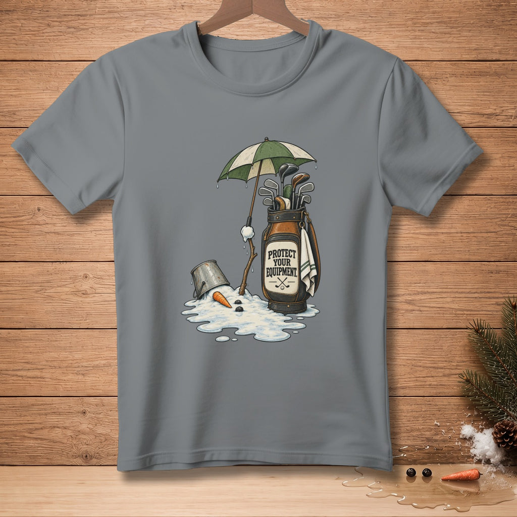 Golf bag with melting snowman under an umbrella, text says "PROTECT YOUR EQUIPMENT".