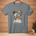 Melting snowman in a top hat making a s'more with text "Sticky Situation."