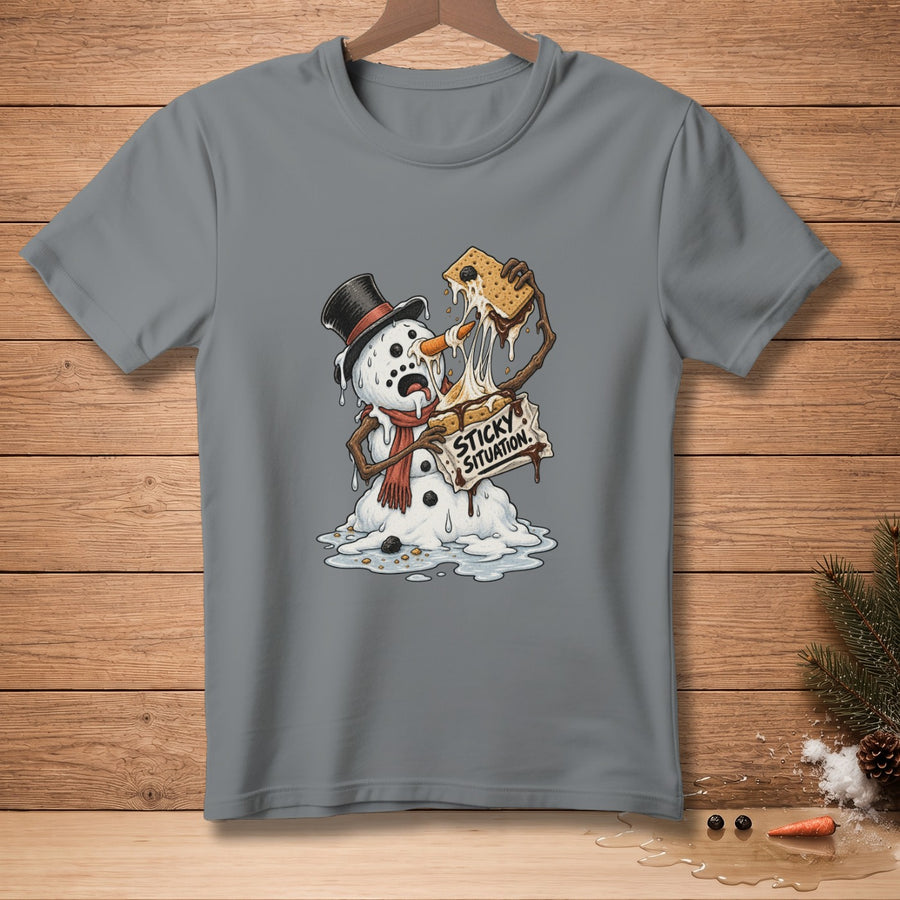 Melting snowman in a top hat making a s'more with text "Sticky Situation."