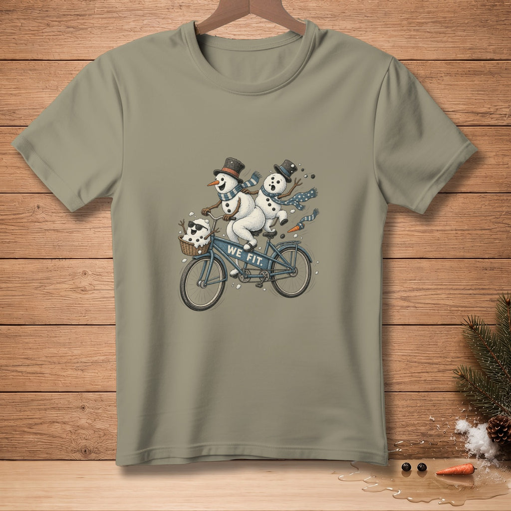 Two snowmen on a tandem bicycle with text "WE FIT."