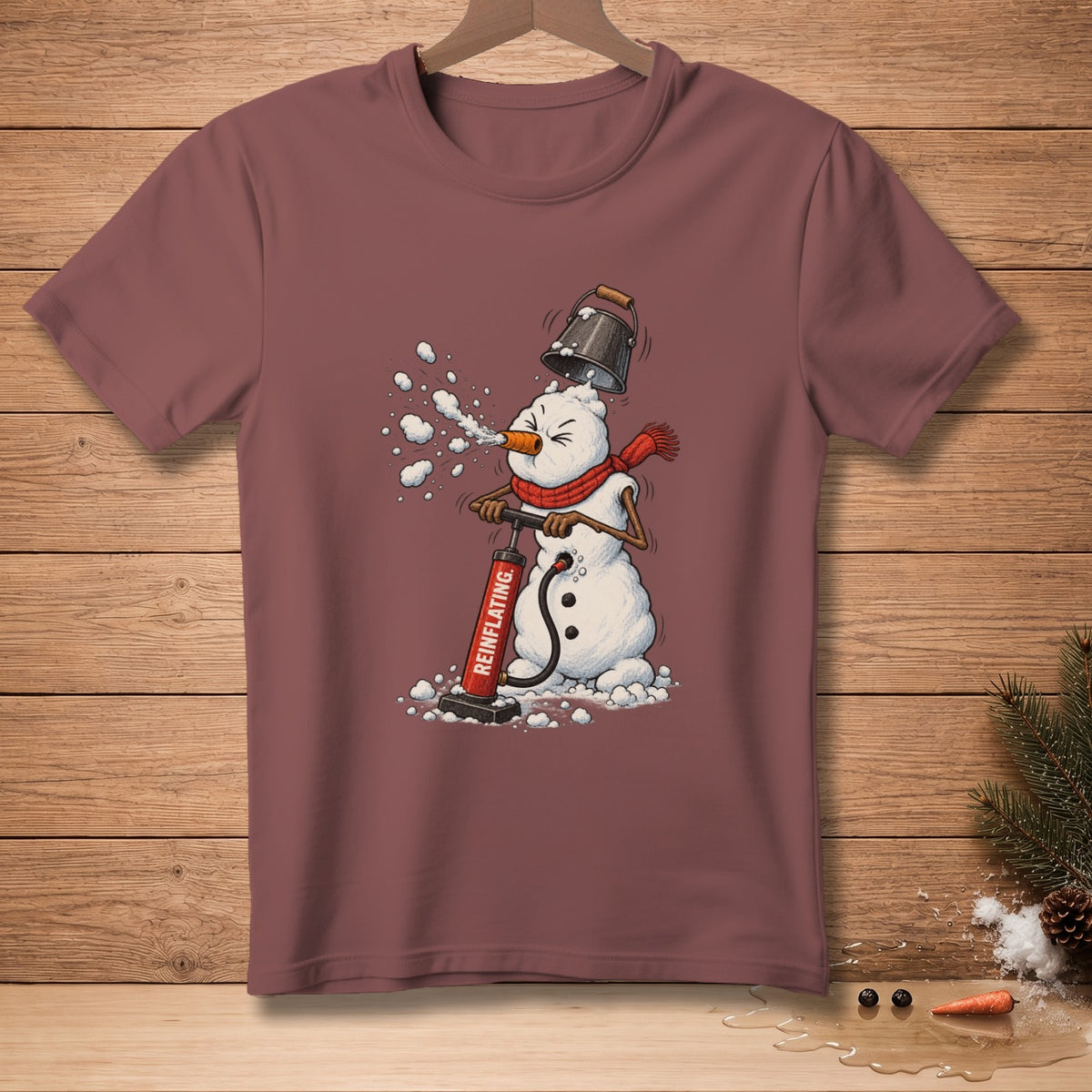 Snowman with bucket on head using a pump labeled "REINFLATING" to re-inflate itself.