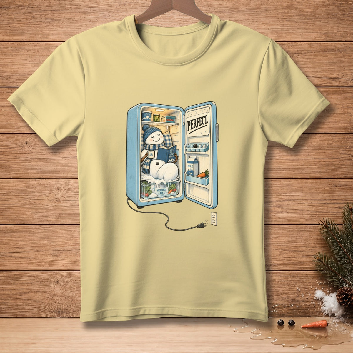 Snowman reading in a refrigerator with "PERFECT" text on door.