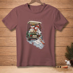 Snowmen in a golf cart melting in the rain with a "SHOTGUN" license plate.