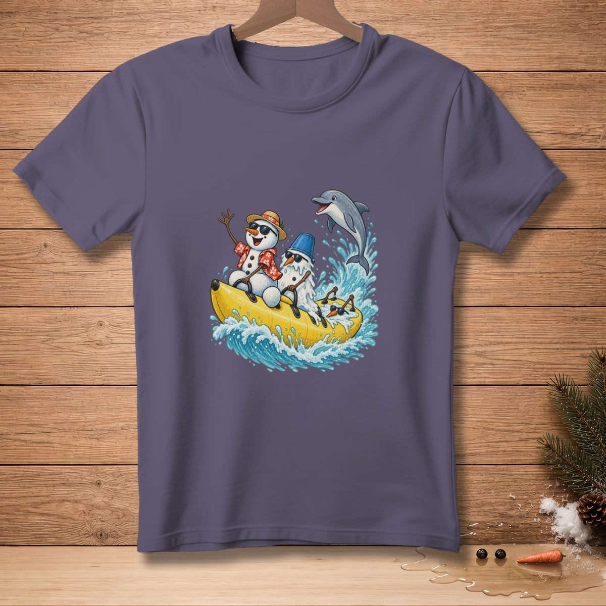 Snowmen in sunglasses ride a banana boat with a dolphin jumping nearby.