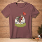 Two snowmen on a golf green, one melting, with a flag reading "Reading the Green."