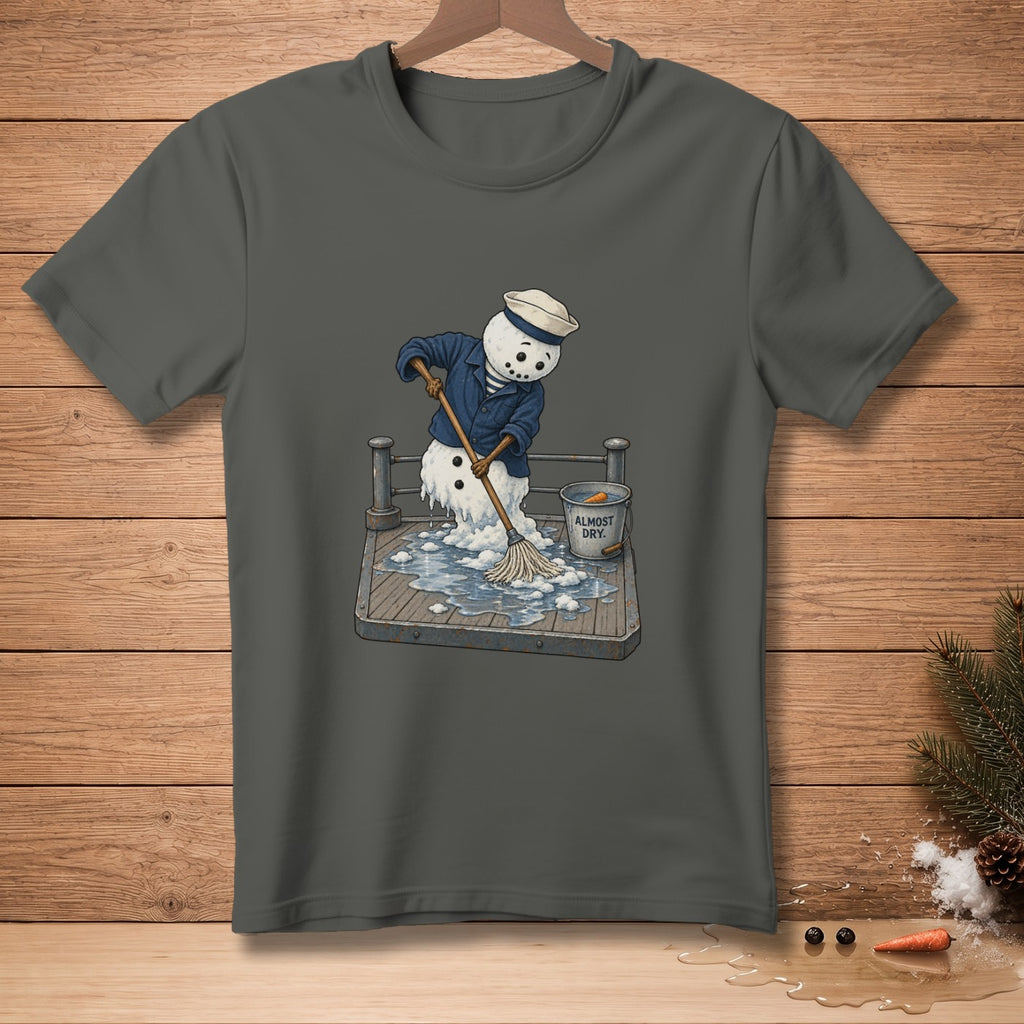 Melting snowman in sailor uniform mops a deck with a bucket labeled "ALMOST DRY."