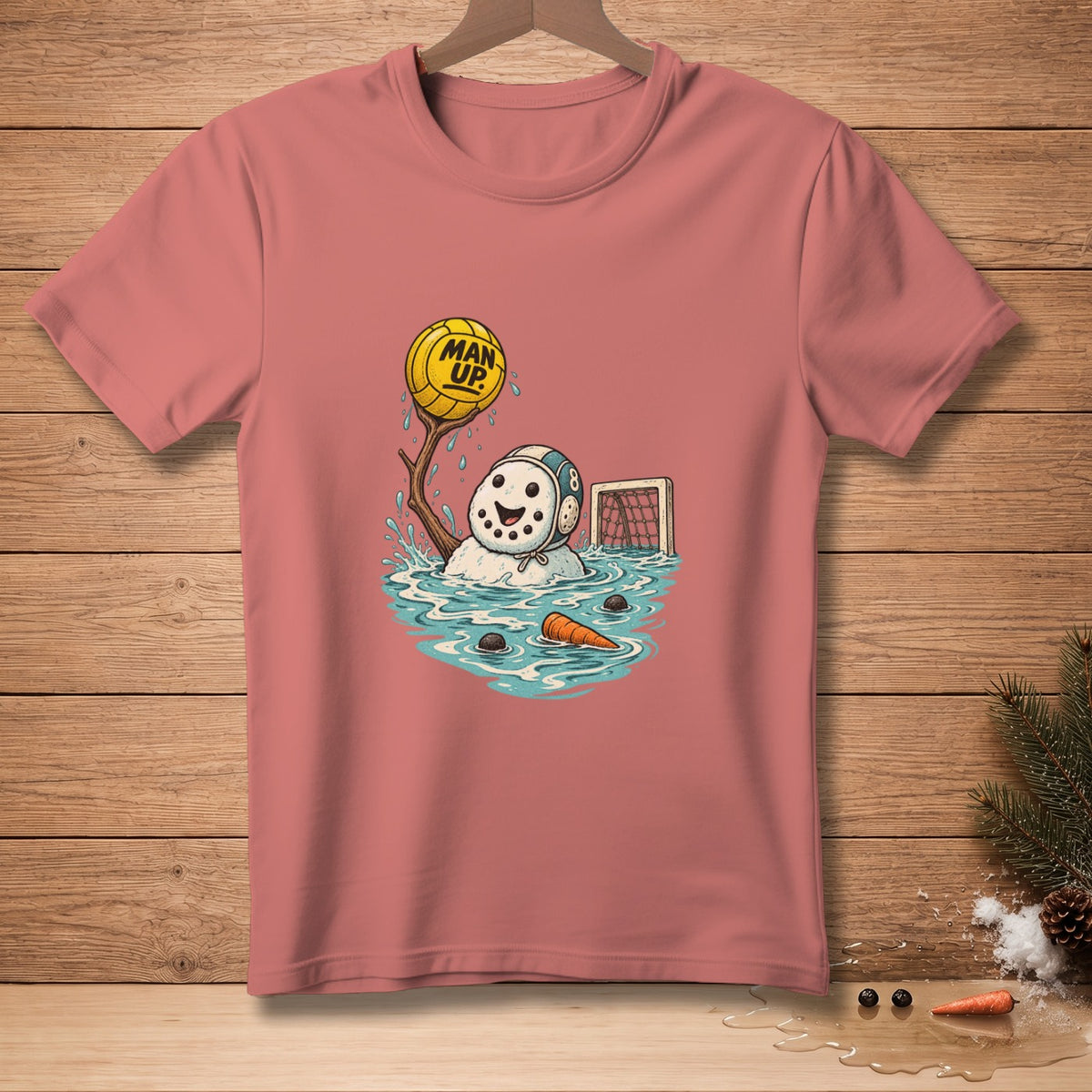 Snowman playing water polo with "MAN UP" text on the ball.