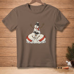 Brown t-shirt with a cartoon of three snowmen, one on top of two others.