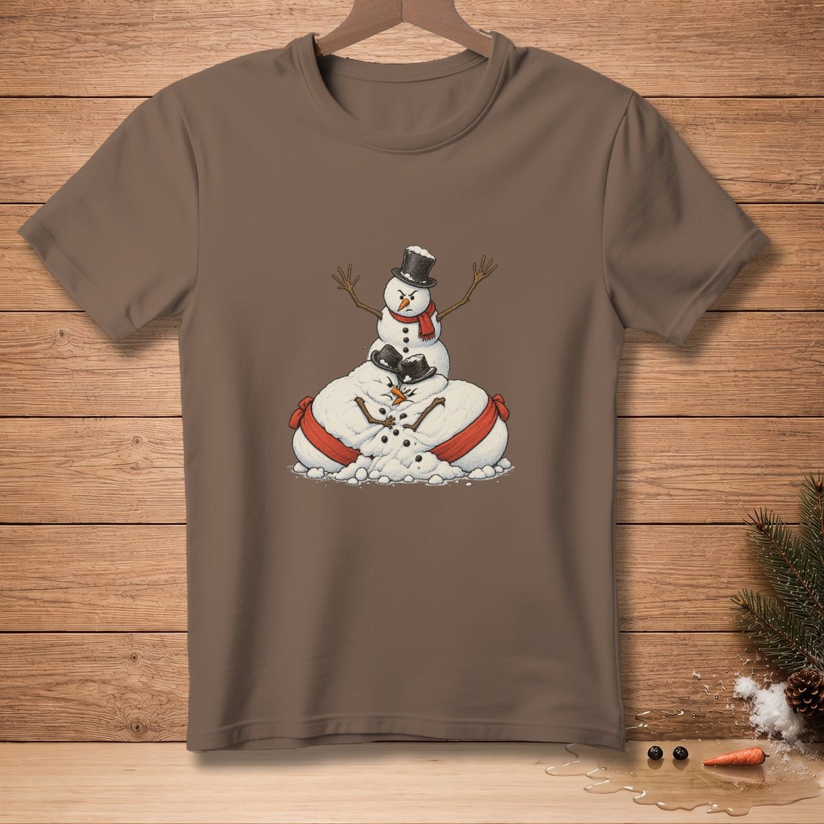 Brown t-shirt with a cartoon of three snowmen, one on top of two others.