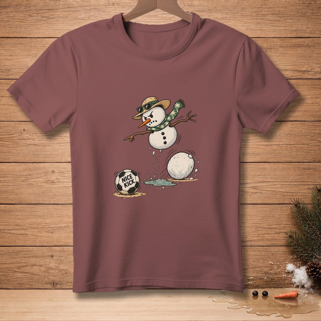 T-shirt with snowman graphic playing soccer, a ball labeled "Nice Kick".