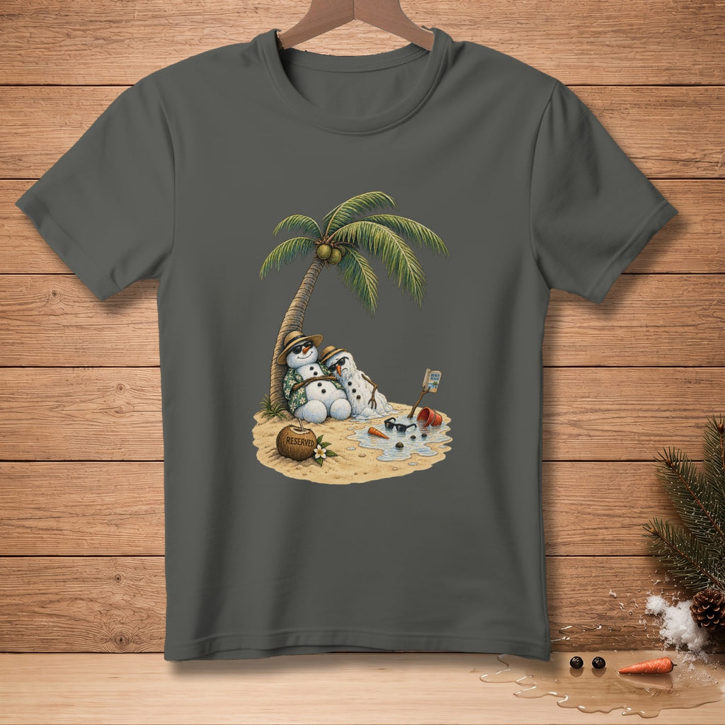 Two melting snowmen relax under a palm tree with a coconut labeled "RESERVED".