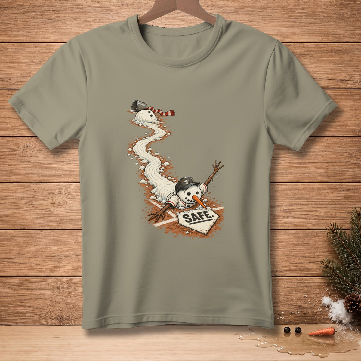 Snowman sliding into baseball base labeled "SAFE" with melting snow trail.